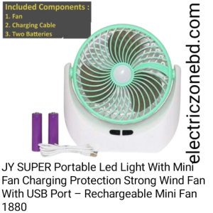 JY SUPER Portable Led Light With Mini Fan Charging Protection Strong Wind Fan With USB Port – Rechargeable Mini Fan 1880